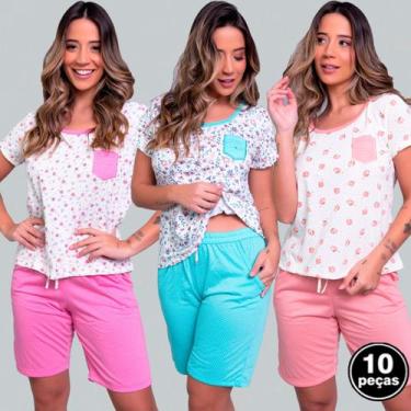 Imagem de Kit 10 Pijamas Malha Estampado Feminino Manga Curta Dormir - WLS Modas