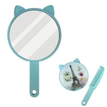 Imagem de Espelho De Mão 2em1 com Pente Gatinho para Maquiagem - Equipe F, Azul