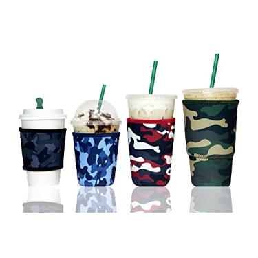 Imagem de Manga de café gelado Baxendale para copos de bebida fria - Pacote com 4 capas de copo de manga de café gelado de neoprene para bebidas frias, reutilizável compatível com Starbucks Dunkin, 4 mm de espessura (4 PK PP/P/M/G, camuflagem nº 1)