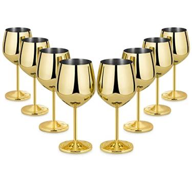 Imagem de Lifecapido Conjunto de 8 taças de vinho de aço inoxidável, taças de vinho de aço inoxidável de 532 ml, taças de vinho de metal com haste com escova para festa, escritório, casamento, aniversário, ótimo para vinho branco tinto (ouro)