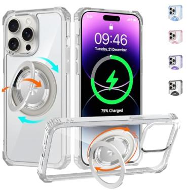 Imagem de WPCase Capa transparente para iPhone 14 Pro Max com suporte magnético giratório 360 [compatível com MagSafe], capa de grau militar resistente com suporte de anel para mulheres e homens, transparente