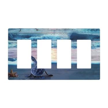 Imagem de Náutico Oceano Onda Azul Petróleo Praia Tartaruga Meninos Vida Marinha Estrela do Mar Pôr do Sol Costeira 4 Gang Dispositivo Quadriciclo Decorador Sem Parafusos GFCI/Rocker Placa de Parede Interruptor