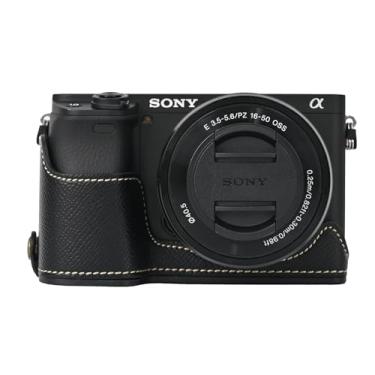 Imagem de Capa A6400, capa BMAOLLONGB feita à mão de couro de fibra de carbono PU para meia câmera, versão com abertura inferior para Sony Alpha A6400 com alça de mão (preto)