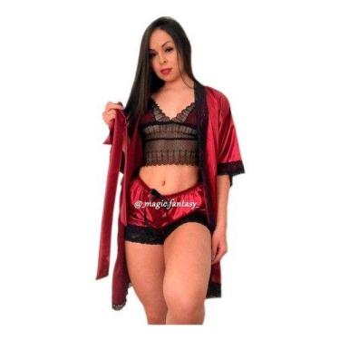 Imagem de Kit Robe  Baby Doll Cetim Renda Elastano  - Magic Fantasy, Marsala, P