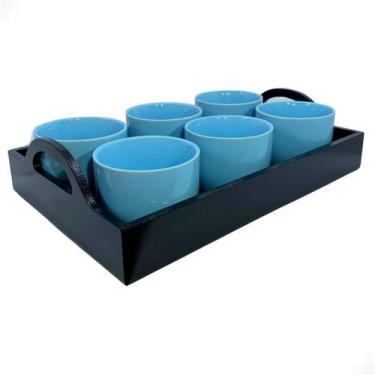 Imagem de Jogo 6 Xícara 170ml AZUL Porcelana Com Bandeja Em Mdf - MUNDO DA PORCE
