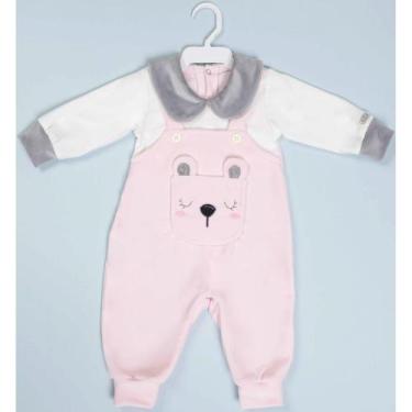 Imagem de Macacão Longo Plush Luxo Bebê Menina Finta Jardineira 7304 - Lessa Kid