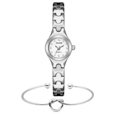 Imagem de Kit Relógio Feminino Prata Pequeno Quartz Bracelete Coração - PENDULAR