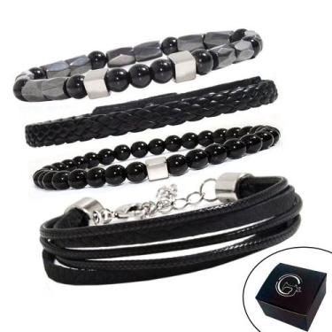 Imagem de KIT C/04 Pulseiras de Couro Trançado + Pedras Naturais Hematita e Ônix