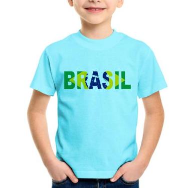 Imagem de Camiseta Infantil Bandeira Brasil Letras - Foca na Moda, Azul claro, 4
