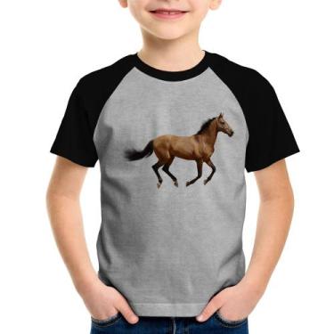 Imagem de Camiseta Raglan Infantil Cavalo Correndo - Foca na Moda, Cinza, Preto,