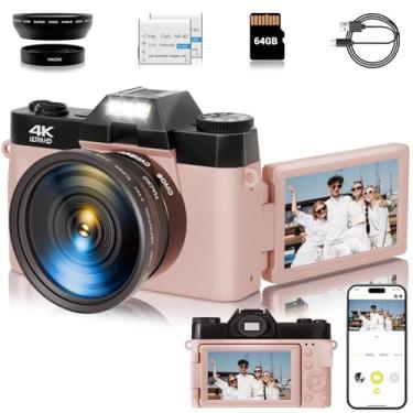 Imagem de Câmara digital 4K para fotografia, câmara Wi-Fi de vídeo Vlogging de 56 MP para YouTube com ecrã rebatível de 3 polegadas de 180°, cartão SD de 64 GB, zoom digital de 16 x 2 baterias, câmara