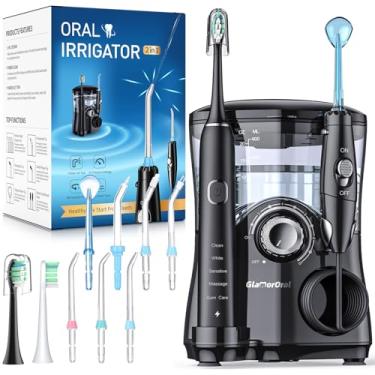 Imagem de Escova de dentes elétrica e irrigador bucal de 600 ml, irrigador bucal com 7 pontas de jato, 10 configurações de pressão ajustáveis, escova de dentes elétrica sônica com 2 cabeças de escova, 5 modos