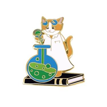 Imagem de Broche de desenho animado de gato cientista fofo para mulheres meninas menino novidade engraçada livro conhecimento animal lapela esmalte clipes emblemas botão joias presentes para mochilas roupas