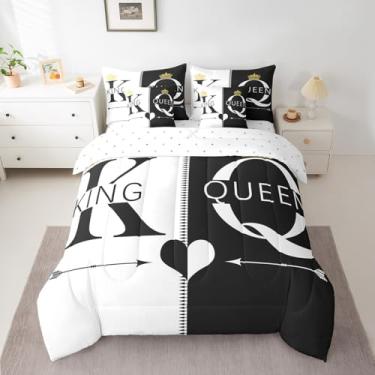 Imagem de Manfei Conjunto de edredom King e Queen, 7 peças, coroa dourada para decoração de quarto de casal e adultos, preto e branco em uma bolsa com edredom, lençol de cima, lençol de cima e fronhas