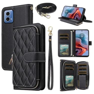 Imagem de Dswteny Argyle Capa carteira para Motorola Moto G34 5G com alça de pulso, alça de ombro, zíper de couro PU, suporte para cartão de crédito, acessórios para celular MotoG34 G 34 mulheres meninas preta