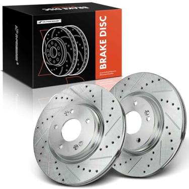 Imagem de A-Premium Rotores de freio a disco dianteiro perfurado e ranhurado de 12,00 polegadas (305 mm) compatíveis com modelos selecionados Hyundai e Kia - Elantra, Elantra GT, Sonata, Soul, Optima, Forte,
