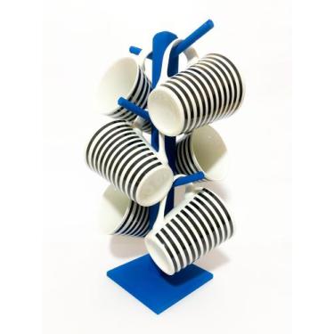 Imagem de Kit Jogo 6 Xicara Grande 240ml listra preta + Suporte Mdf Enfeite Cozi