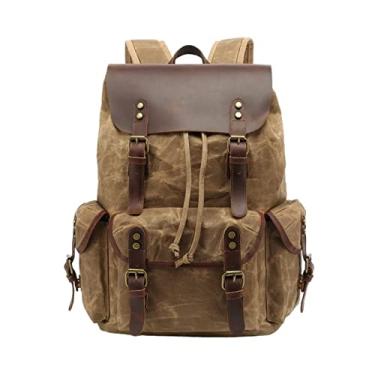 Imagem de Mochila de lona para homem vintage bolsa de viagem de grande capacidade para laptop mochila de couro(Khaki)