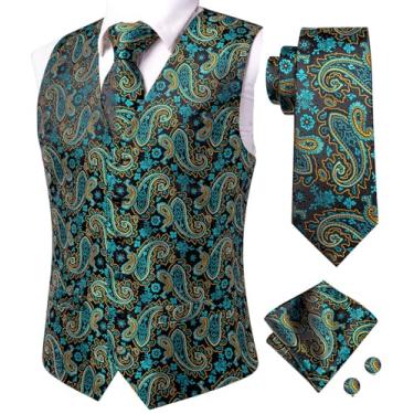 Imagem de Dubulle Conjunto de colete masculino floral Paisley e gravata com clipe de lapela para homens, colete de terno para casamento de smoking, Ouro azul-petróleo, GG