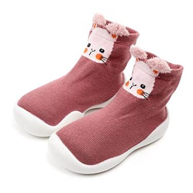 Imagem de Sapato de meia de algodão respirável para bebês meninos e meninas com sola de borracha antiderrapante para uso interno e externo., Pink Rabbit, Insole 12cm:6-12M