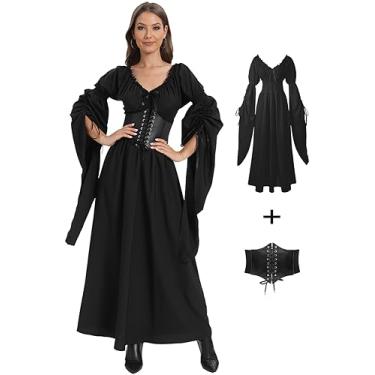 Imagem de VNVNE Vestido feminino de bruxa renascentista de Halloween, fantasia vitoriana vintage medieval pirata camponesa gótica cosplay, Preto, XXG
