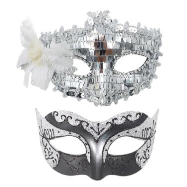 Imagem de Kurmingary Couple Masquerade Mask Set, Mysterious Valentine's Day Dance Venice Mask, Glitter Side Flower Ball Performance Mask for Party Props - Silver