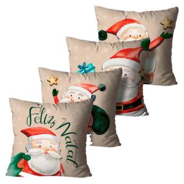 Imagem de Kit 4 Capas de Almofadas Bege Feliz Natal Papai Noel - Mdecore