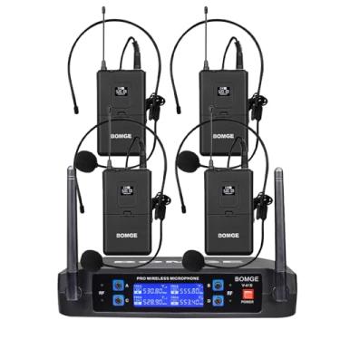 Imagem de BOMGE Sistema de microfone sem fio, conjunto profissional de 4 canais sem fio com quatro microfones portáteis, frequência fixa, longo alcance, 60 m, ideal para igreja, karaokê, eventos (V410B)