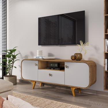 Imagem de Rack para TV Até 55 Polegadas 2 Portas 1 Gaveta com Pés de Madeira Maciça Noronha Bechara - Cinamomo/Off White