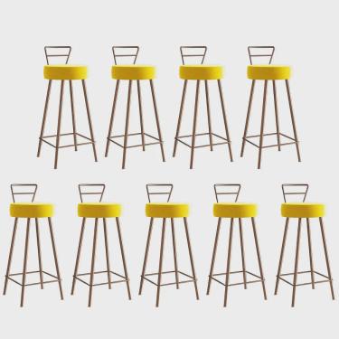 Imagem de Kit 09 Banqueta Alta Com Encosto Tina Eiffel Cozinha Bar Bistrô Ferro Bronze Corino Amarelo - Ahz Móveis