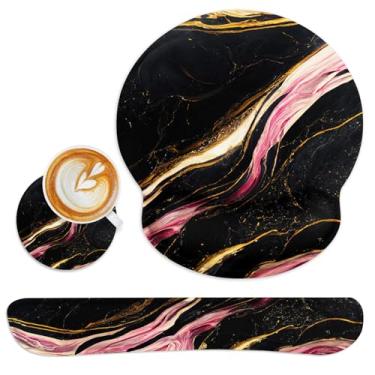 Imagem de Britimes Conjunto de mouse pad ergonômico de mármore preto rosa dourado com descanso de pulso base de borracha antiderrapante suporte de almofada de pulso e porta-copos mousepad com suporte de pulso