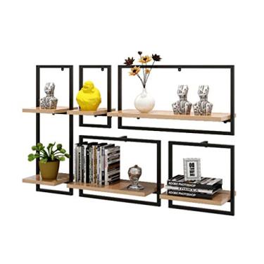 Imagem de Prateleiras flutuantes Prateleiras de parede Prateleiras suspensas metal preto ferro e madeira conjunto de 5 | Prateleiras de montagem na parede decoração de cubo unidade flutuante moldura moderna