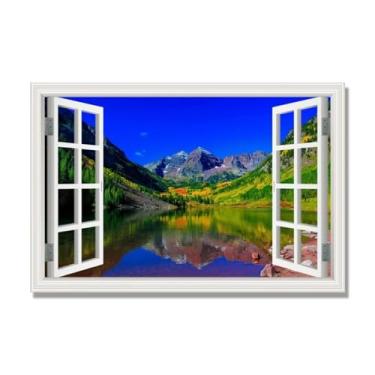Imagem de PY3H69 Arte de parede em tela de janela aberta, impressão natural em tela. Lindo cenário de montanha 5 cm, decoração de parede de paisagem de janela, decoração de casa moderna. 40 x 60 cm-15,7 x 23,6
