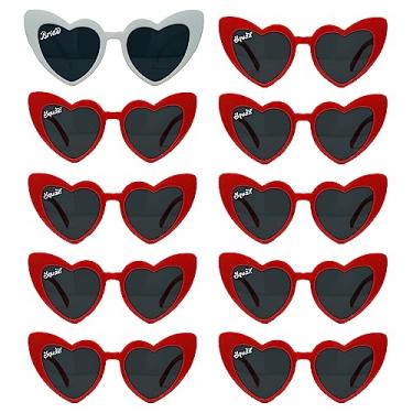 Imagem de Funky Junque Óculos de sol femininos em forma de coração fashion lembrancinhas de despedida de solteira moda vintage retrô amor noiva, Pacote com 10 - 1 branco (noiva) e 9 vermelho (esquadrão), One