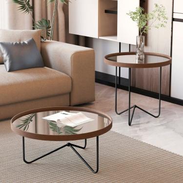 Imagem de Mesa de Centro com Borda em Couro Sintético com Espelho e Pés em Ferro Castanho/Preto