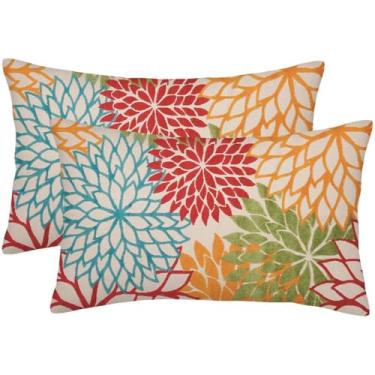 Imagem de AELUTYSH Capas de almofada de dália laranja verde 30 x 50 cm conjunto de 2 almofadas decorativas florais rústicas vermelhas azul-petróleo dália casa de fazenda decoração de flores geométricas capa de