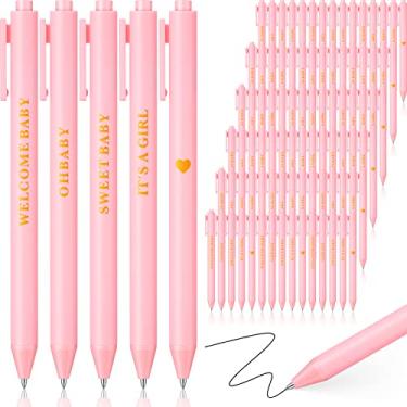 Imagem de Lincia 100 peças de canetas esferográficas retráteis para chá de bebê com tinta preta, lembrancinhas de chá de bebê para festa de meninas, jogos de chá de bebê, decoração de escritório, escola, professor, estudante, escrita, diário, suprimentos, rosa