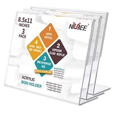 Imagem de NIUBEE Suporte de placa de acrílico, 21,5 x 28,5 cm, pacote com 3 paisagens, molduras de lucite transparentes e inclinadas, suporte de exibição de papel de plástico, suporte de mesa de menu de documentos para escritório, loja, restaurante, horizontal