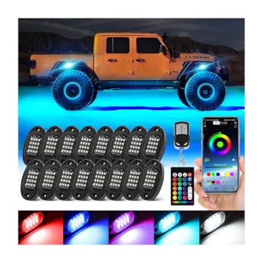 Imagem de 16 cápsulas RGB LED Rock Lights para caminhões Jeep Golf Cart, 12 V à prova d'água neon luz brilhante com controle remoto por voz APP/RF, várias zonas, luzes embaixo da carroceria para carro, SUV,