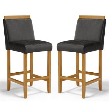 Imagem de Kit Com 2 Banquetas Eloá Madeira Maciça Assento Estofado Para Bancada Courino Preto 503