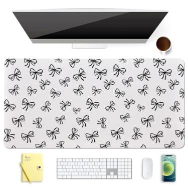 Imagem de BlHMCASE Lindo tapete de mouse com laço preto branco estendido para jogos, protetor de couro antiderrapante para mesa de escritório em casa, tapete de mesa para laptop