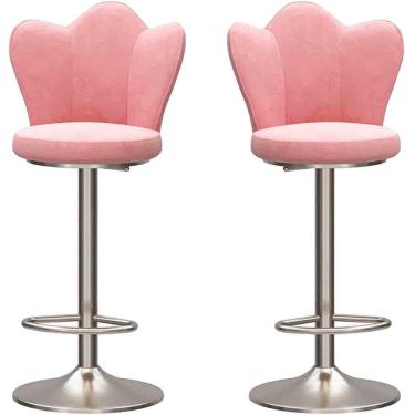 Imagem de Bancos de barra de restaurante Conjunto de 2, cadeira de rotação de veludo com apoio de pé prateado e base redonda, bancada moderna da ilha de cozinha ajustável, rosa