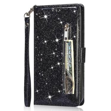 Imagem de LYJSMGZ Capa flip com glitter para iPhone 16E, capa de telefone feminina com fecho magnético de couro brilhante brilhante com aba estilo carteira antiqueda, preta, 16E