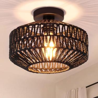 Imagem de Surpars House Luminária De Teto Estilo Boho Rattan Da House, Mini Lustre, Luminárias Trançadas À Mão Para Corredor, Quarto, Cozinha, Entrada, Sala Estar (Preto)