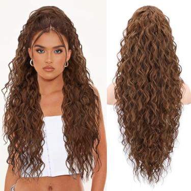 Imagem de CHRSHN Extensão De Rabo Cavalo, 26" Grampo Garra, Cabelo Longo Castanho Cacheado Em Rabos Extensões Sintético Camadas, Apliques Fofos Para Mulheres (Castanho Claro)