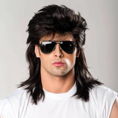 Imagem de JIEFULL Perucas Masculinas Mullet Para Fantasias Dos Anos 70 E 80, Acessório De Personalidade Festa Halloween, Peruca Cabelo Cosplay (Preta)