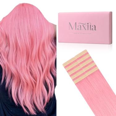 Imagem de MAXITA Extensões De Cabelo Humano Com Fita Adesiva, Pêssego, Rosa, 14" (35,5 Cm), 10 Unidades, 25G, Remy, Invisível, Sedoso, Liso, Colorido, Macio, Natural