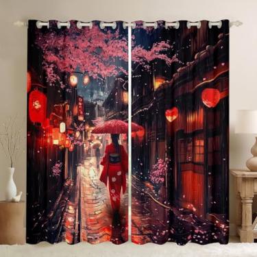 Imagem de jejeloiu Cortinas de gueixa japonesa para meninas (2 painéis, 106 x 236 cm) para crianças, flores de cerejeira, sonhos escurecendo para meninos e adolescentes, cortinas japonesas de rua japonesa,