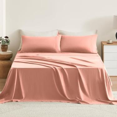 Imagem de TOSMO Jogo de lençol solteiro 100% linho francês, roupa de cama de linho respirável e durável, conjunto de 3 peças (1 lençol de cima, 1 lençol com elástico, 1 fronha) rosa