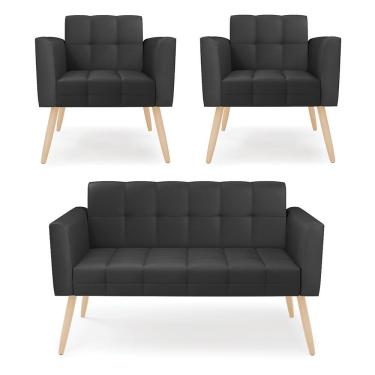 Imagem de Kit 1 Sofá Namoradeira E 2 Poltronas Elisa Corino Preto Pés Palito Natural - D'rossi